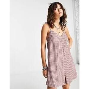 TopShop Pink Brown Micro Gingham Strappy Tie Back Playsuit Romper SZ 2